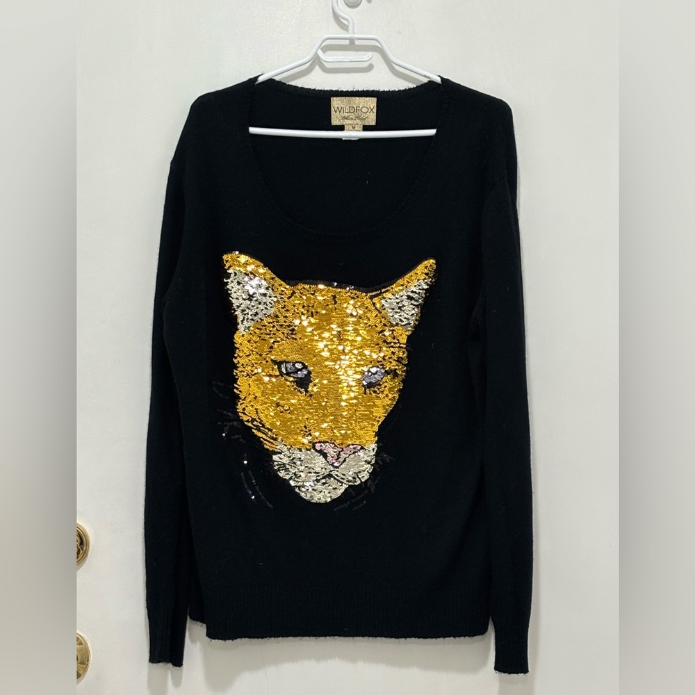 Wildfox white Label Black Sweater with Gold Sequin Panther. Size M